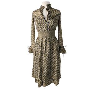 Anthropologie Rinku Long Sleeve High Neck Tiered Midi Dress Geometric Print S